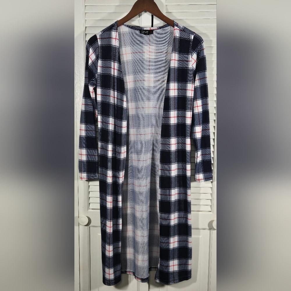 Love Blue Red White Long Sleeve Plaid Open Front Cardigan Sz L